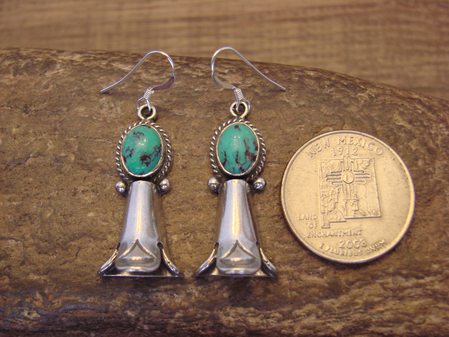 Native American Sterling Silver Turquoise Squash Blossom Dangle Earrings - McCarthy