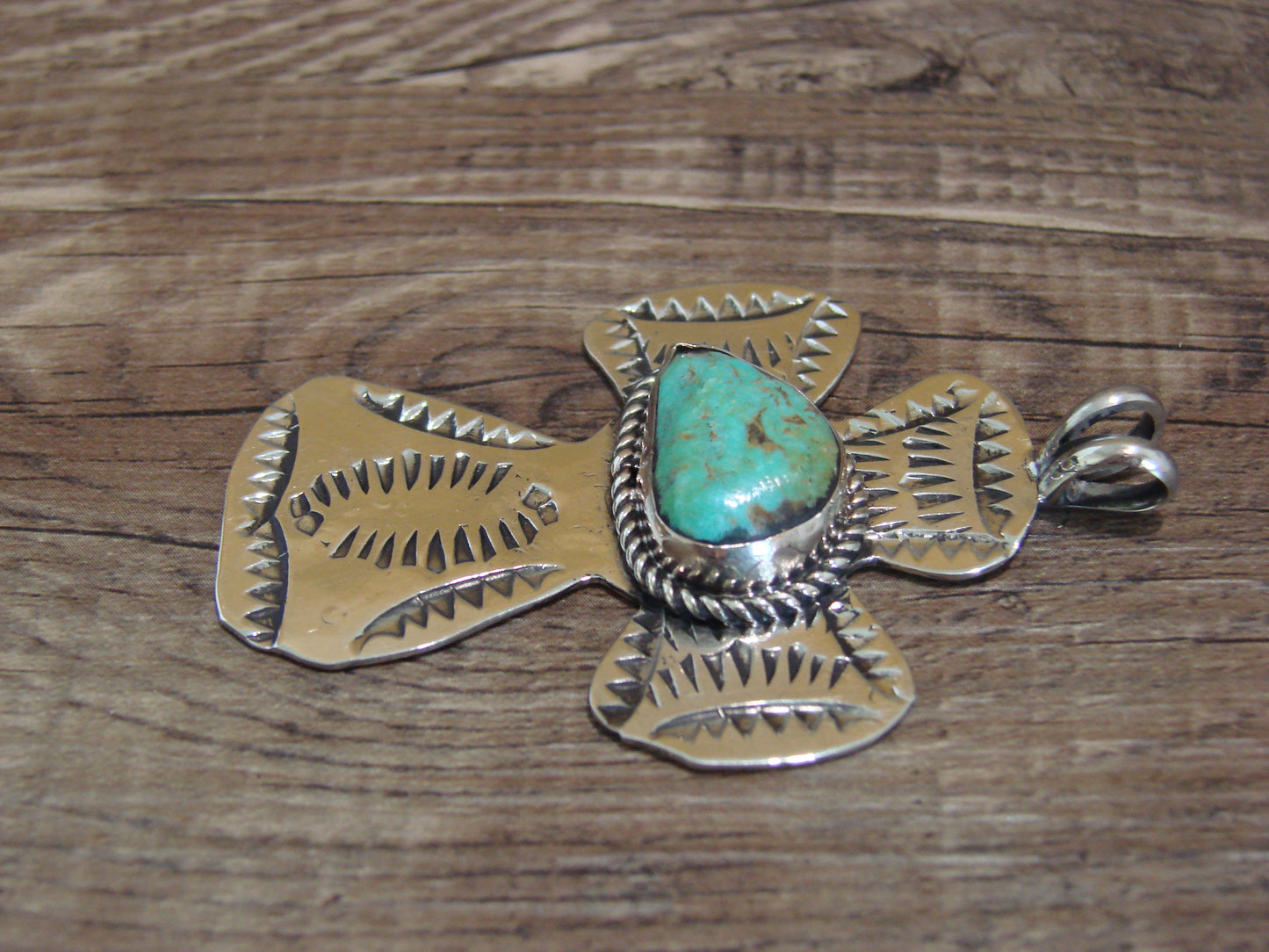 Navajo Indian Nickel Silver & Turquoise Cross Pendant - Cleveland
