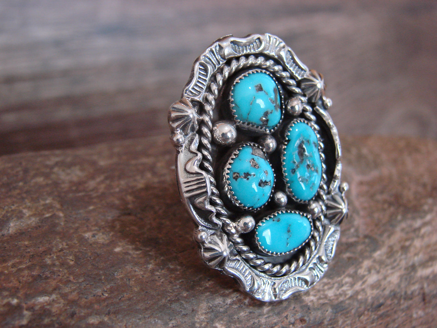 Native American Sterling Silver & Turquoise Cluster Ring by Becenti - Size 6.5