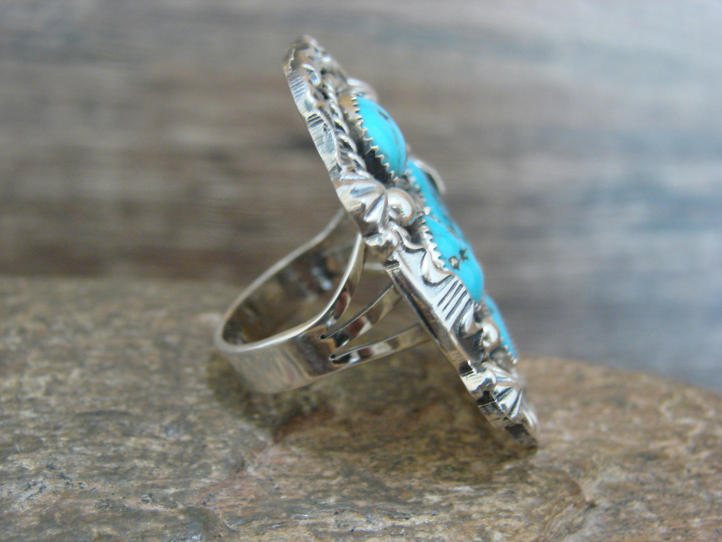 Native American Sterling Silver & Turquoise Cluster Ring by Becenti - Size 6.5