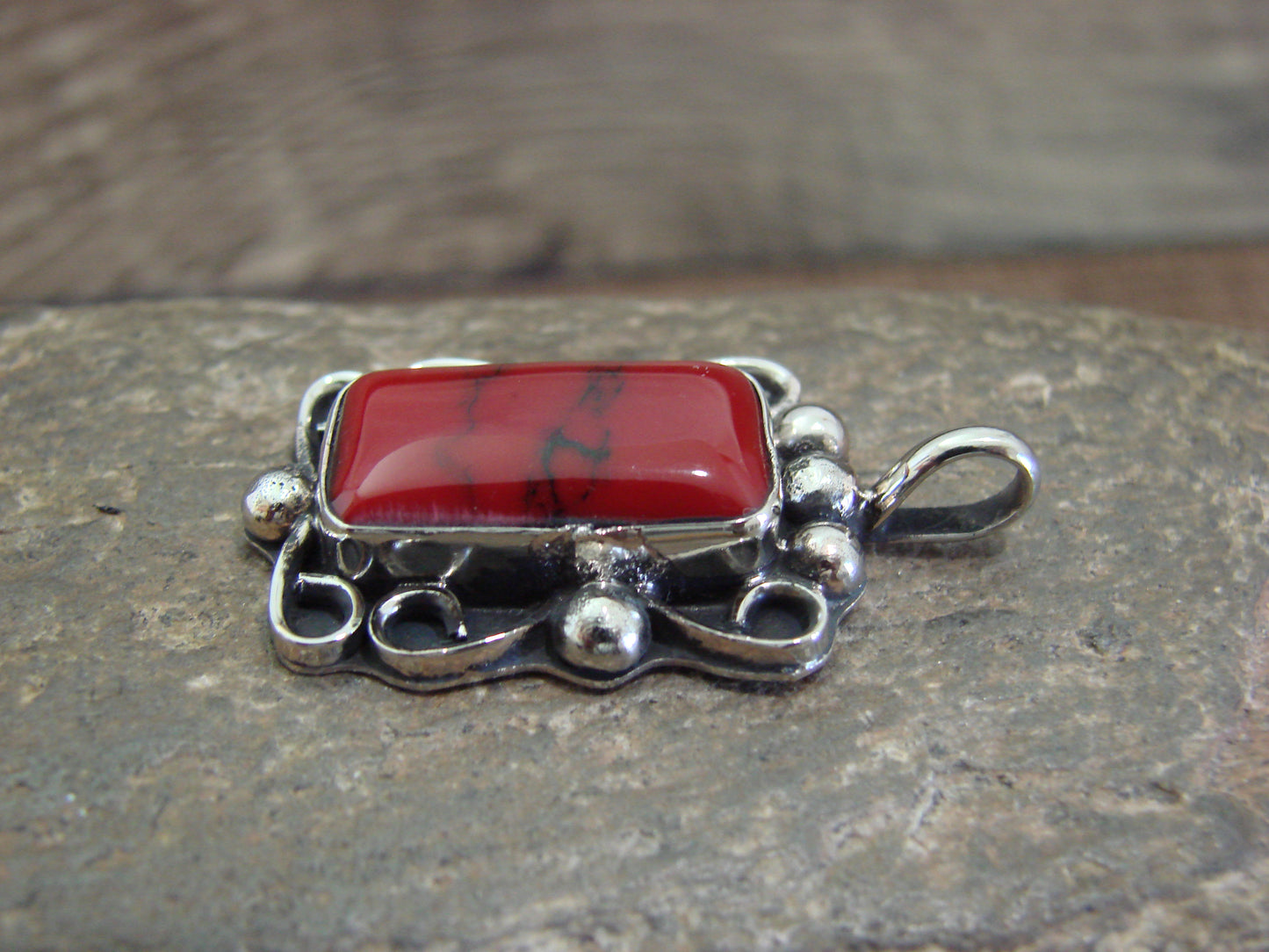 Native American Nickel Silver & Red Howlite Pendant - Cleveland