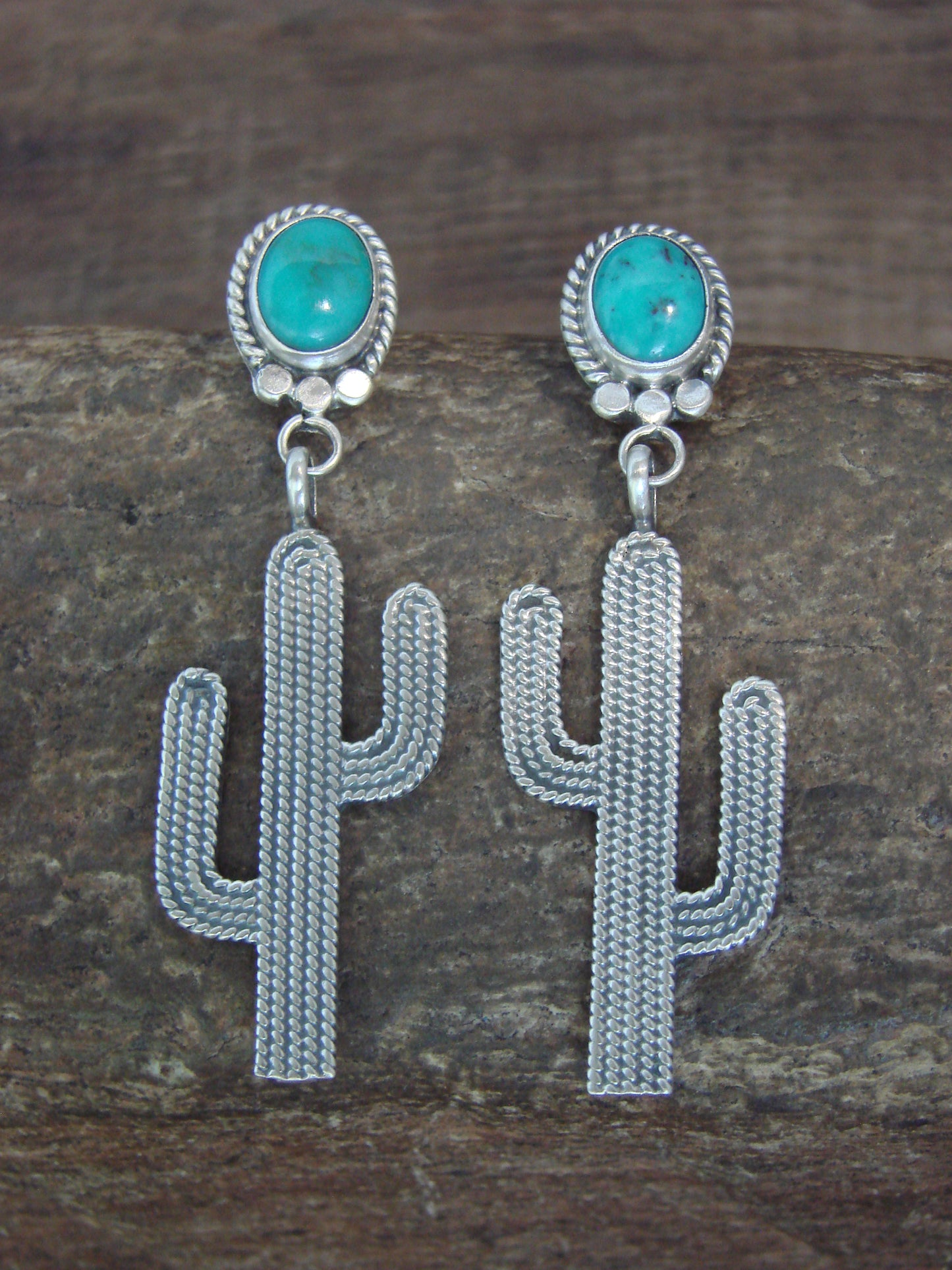 Native American Sterling Silver Turquoise Cactus Post Earrings - McCarthy
