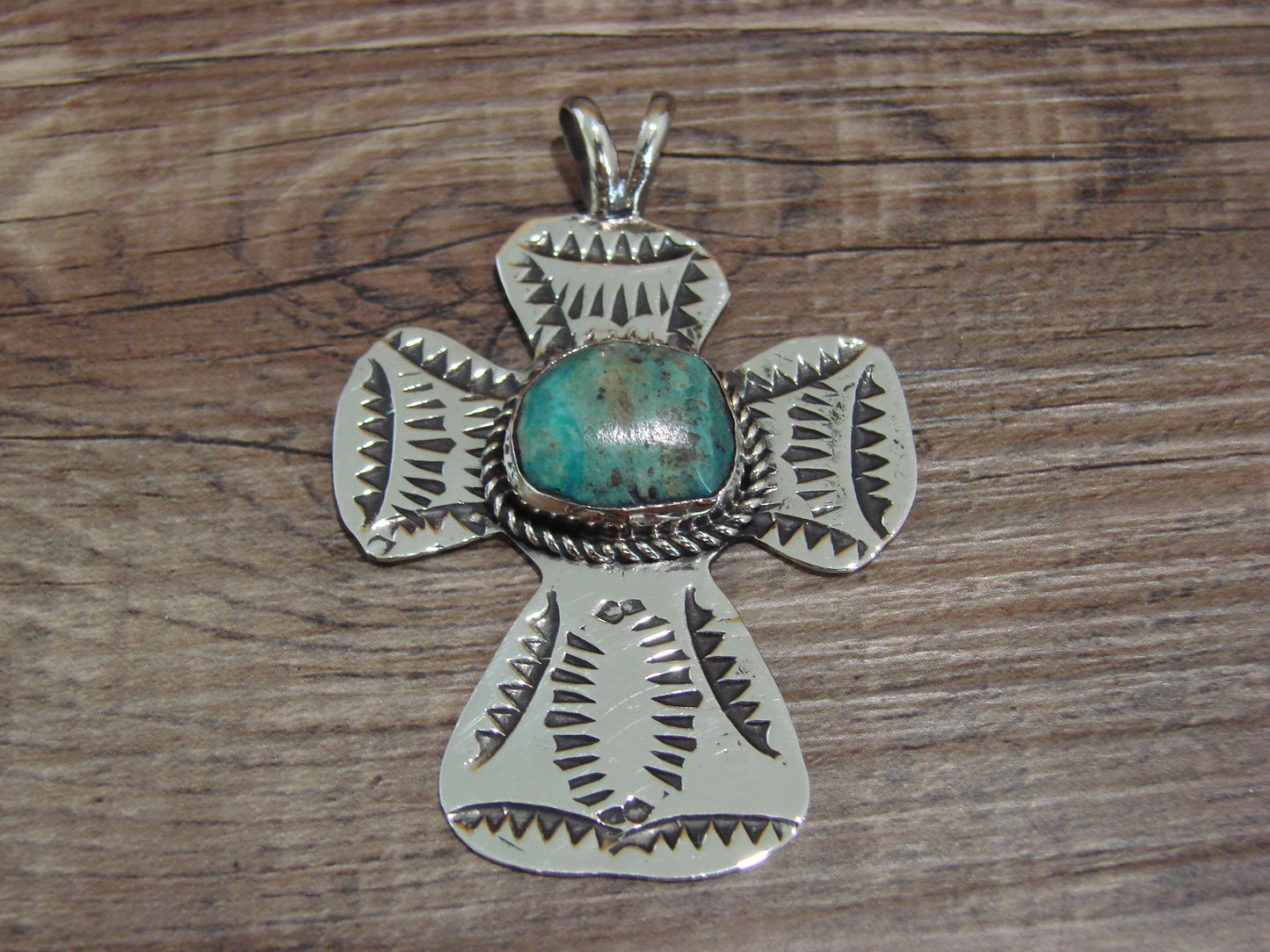 Navajo Indian Nickel Silver & Turquoise Cross Pendant - Cleveland