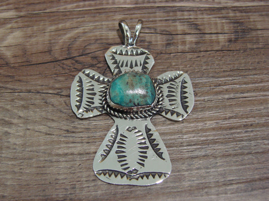 Navajo Indian Nickel Silver & Turquoise Cross Pendant - Cleveland