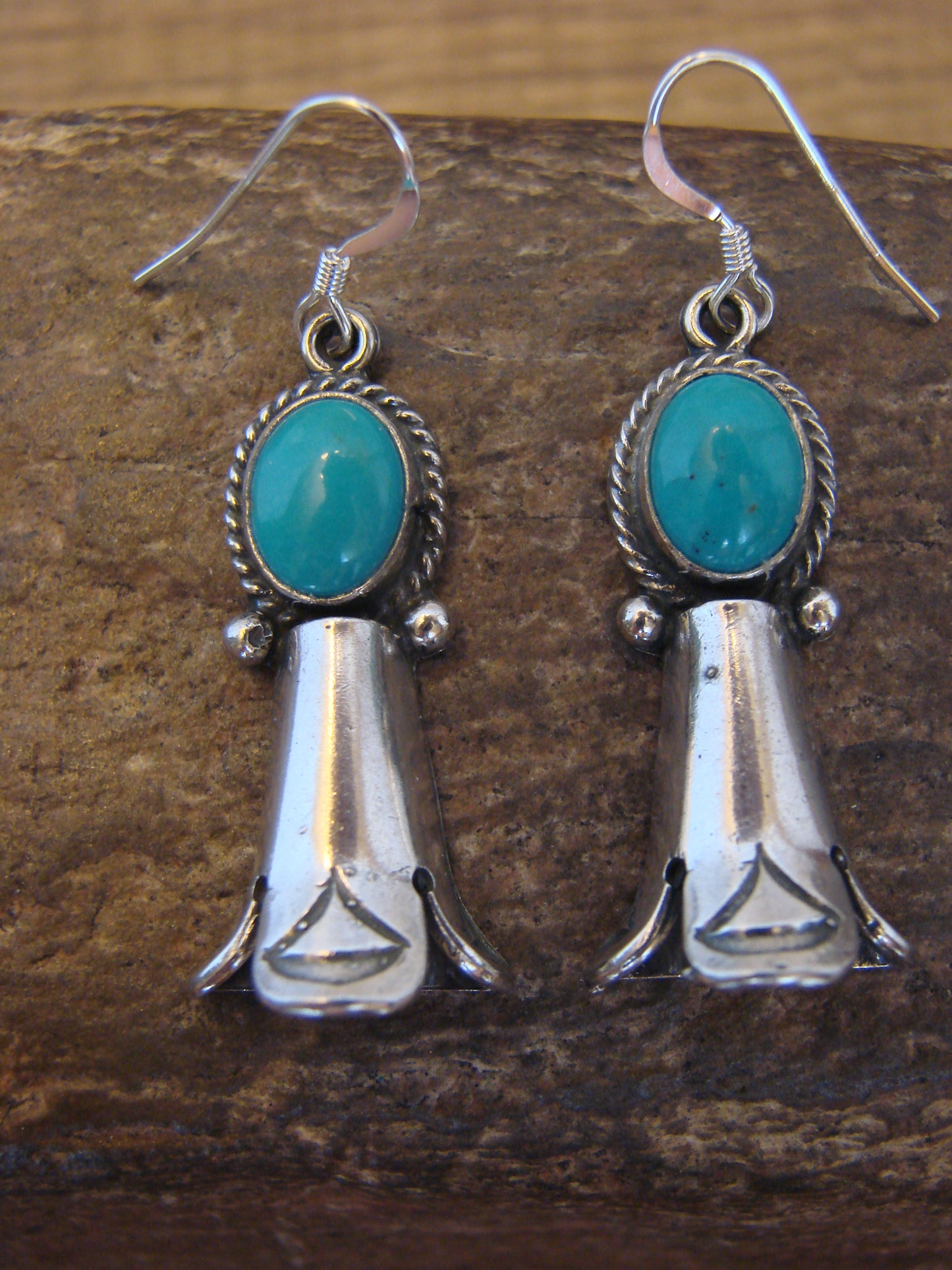 Native American Sterling Silver Turquoise Squash Blossom Dangle Earrings - McCarthy