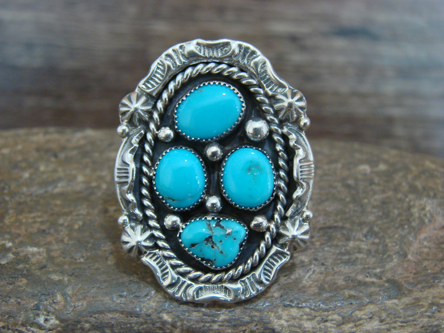 Native American Sterling Silver & Turquoise Cluster Ring by Becenti - Size 6.5