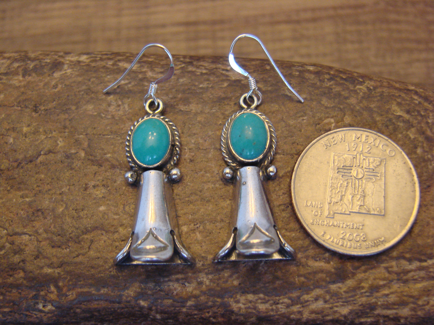 Native American Sterling Silver Turquoise Squash Blossom Dangle Earrings - McCarthy