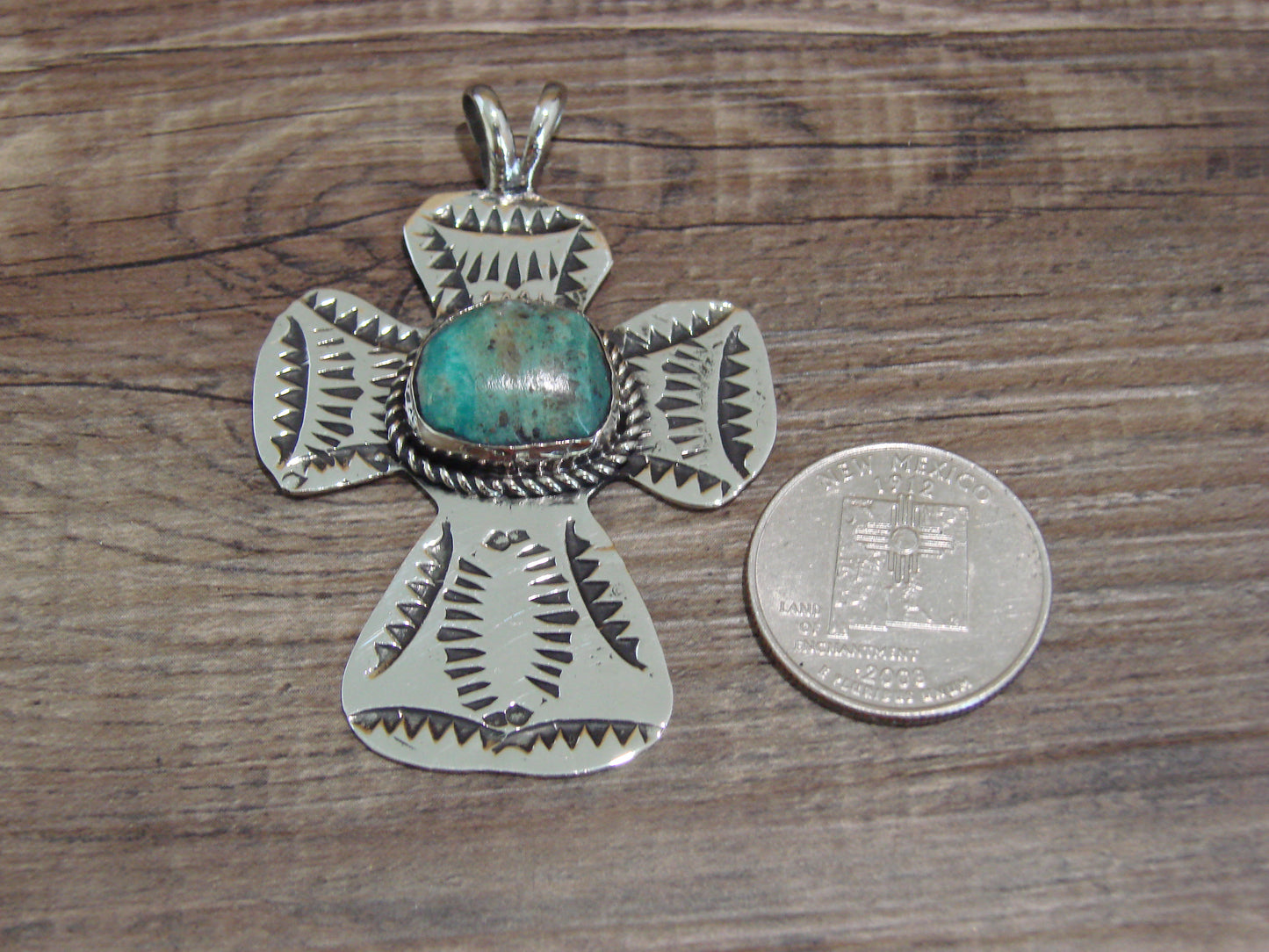 Navajo Indian Nickel Silver & Turquoise Cross Pendant - Cleveland