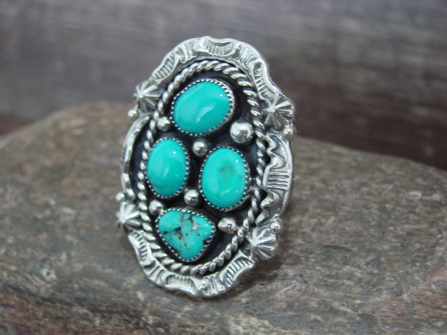 Native American Sterling Silver & Turquoise Cluster Ring by Becenti - Size 6.5