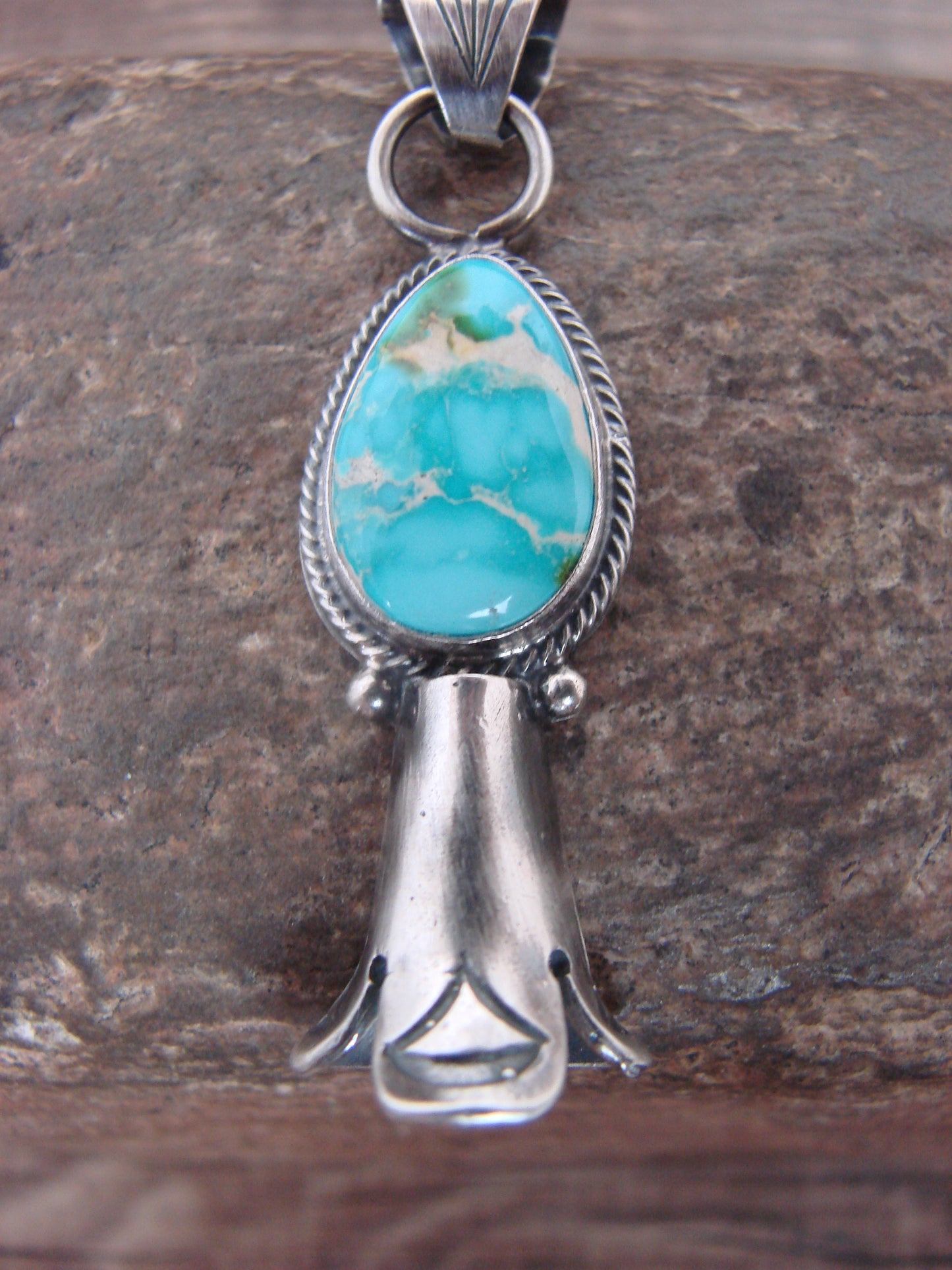 Native American Sterling Silver & Turquoise Squash Blossom Pendant by Betone