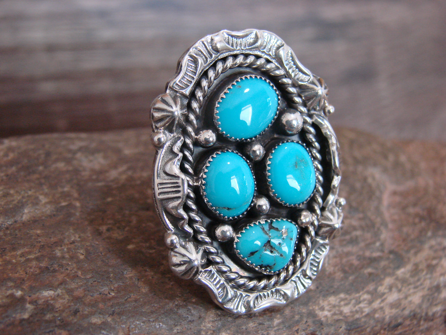 Native American Sterling Silver & Turquoise Cluster Ring by Becenti - Size 6.5