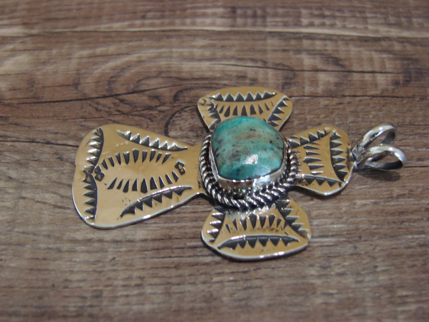 Navajo Indian Nickel Silver & Turquoise Cross Pendant - Cleveland