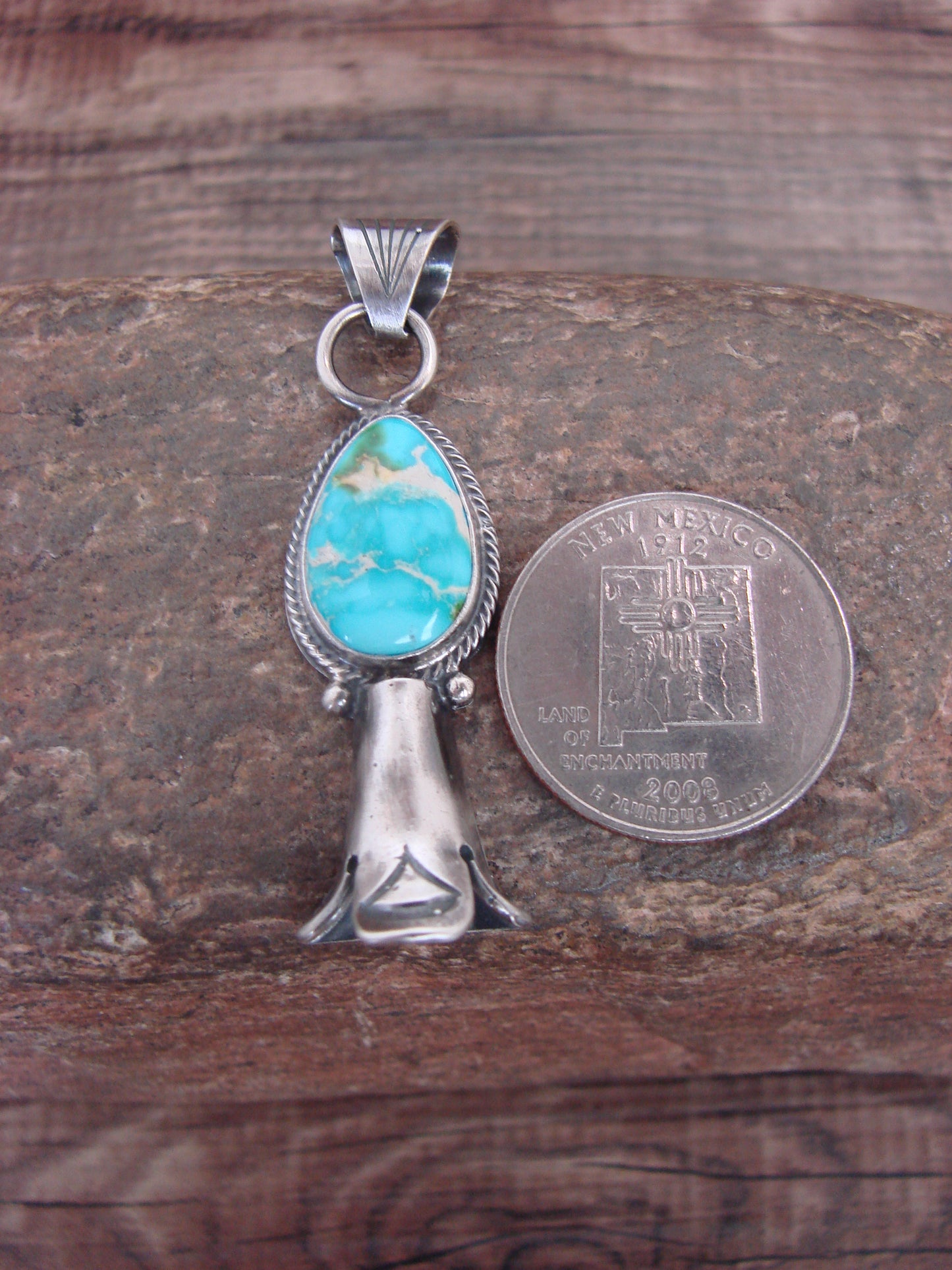 Native American Sterling Silver & Turquoise Squash Blossom Pendant by Betone