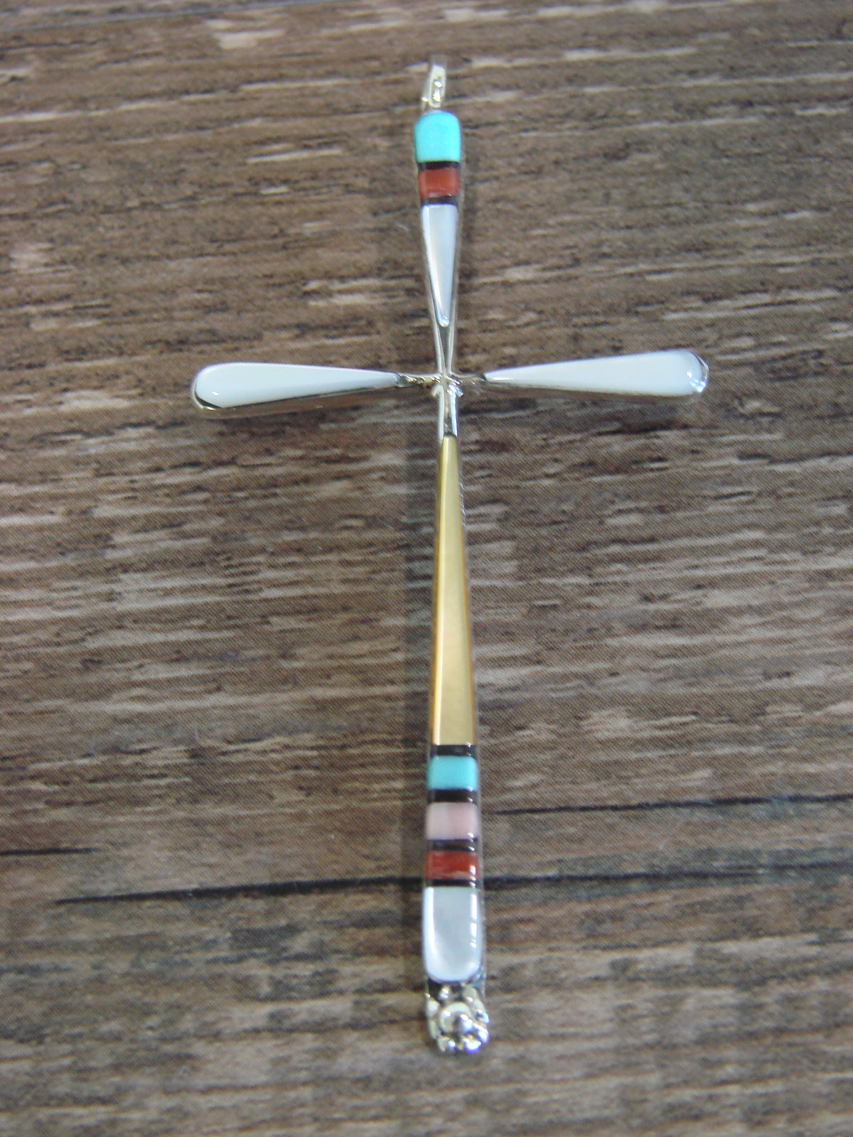 Native American Sterling Silver Multi Stone Inlay Cross Pendant by Noche