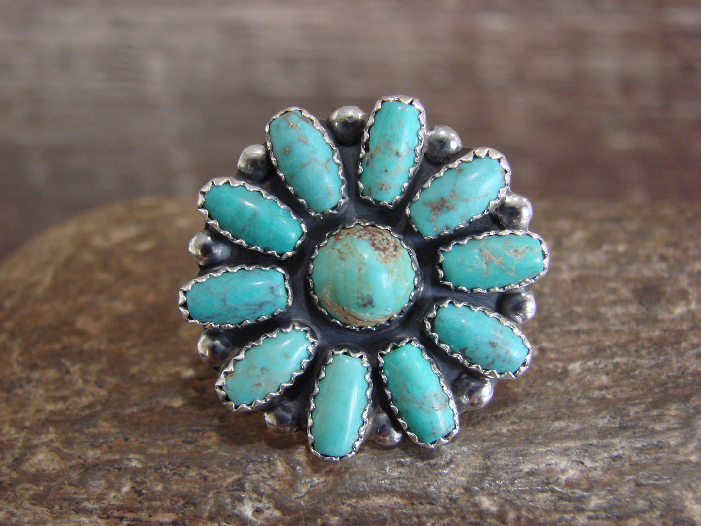 Native American Sterling Silver Turquoise Cluster Ring - Perry - Size 6