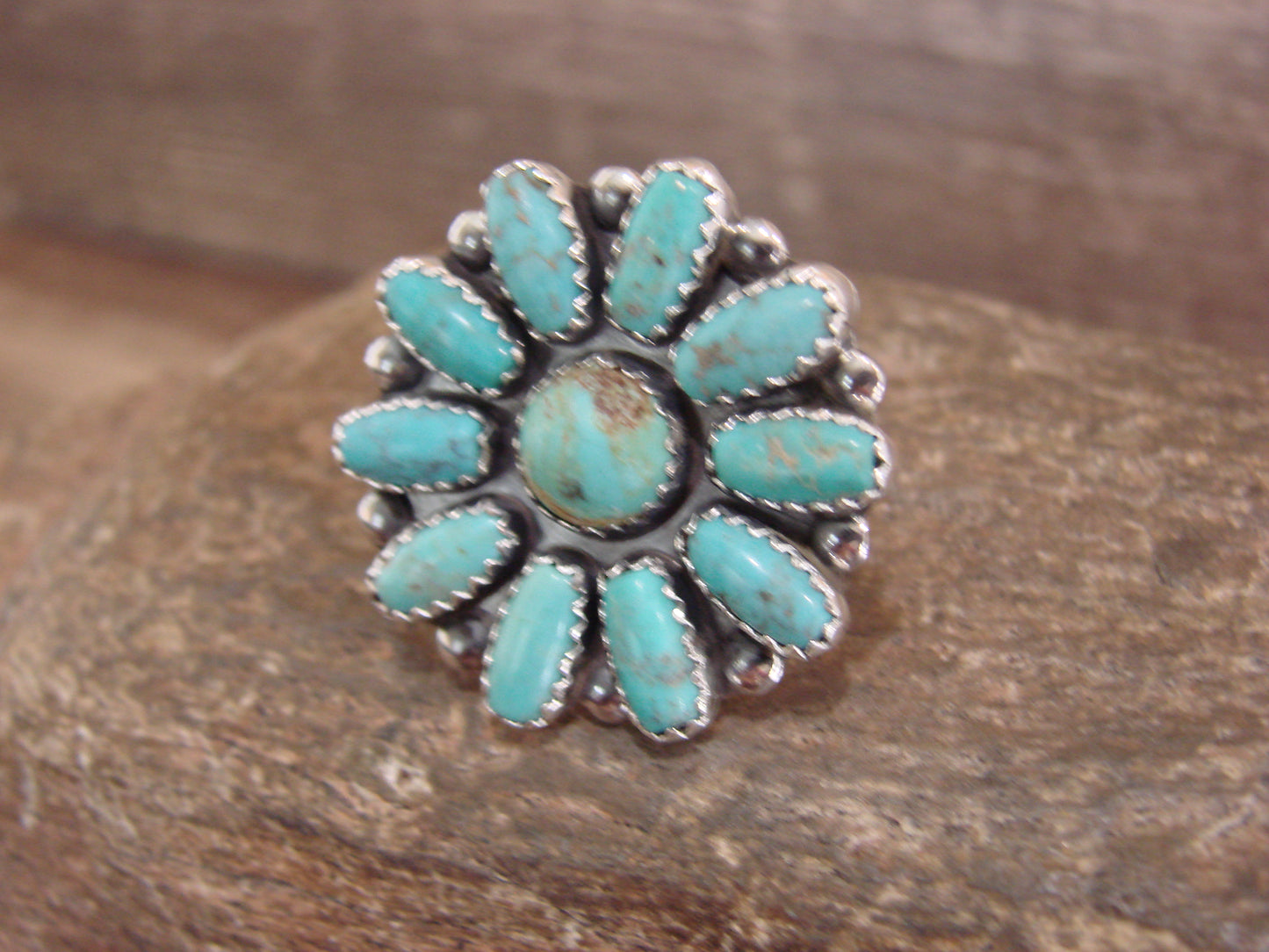 Native American Sterling Silver Turquoise Cluster Ring - Perry - Size 6