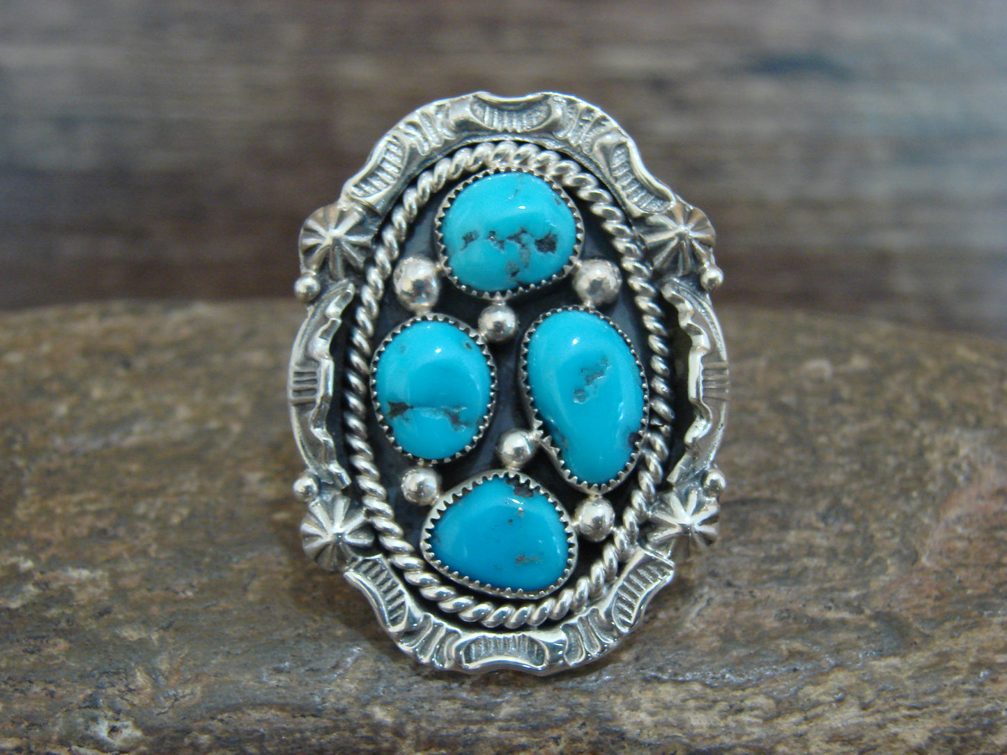 Native American Sterling Silver & Turquoise Cluster Ring by Becenti - Size 5.5