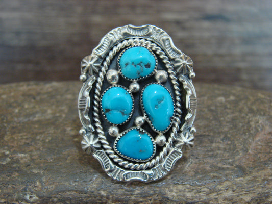 Native American Sterling Silver & Turquoise Cluster Ring by Becenti - Size 5.5