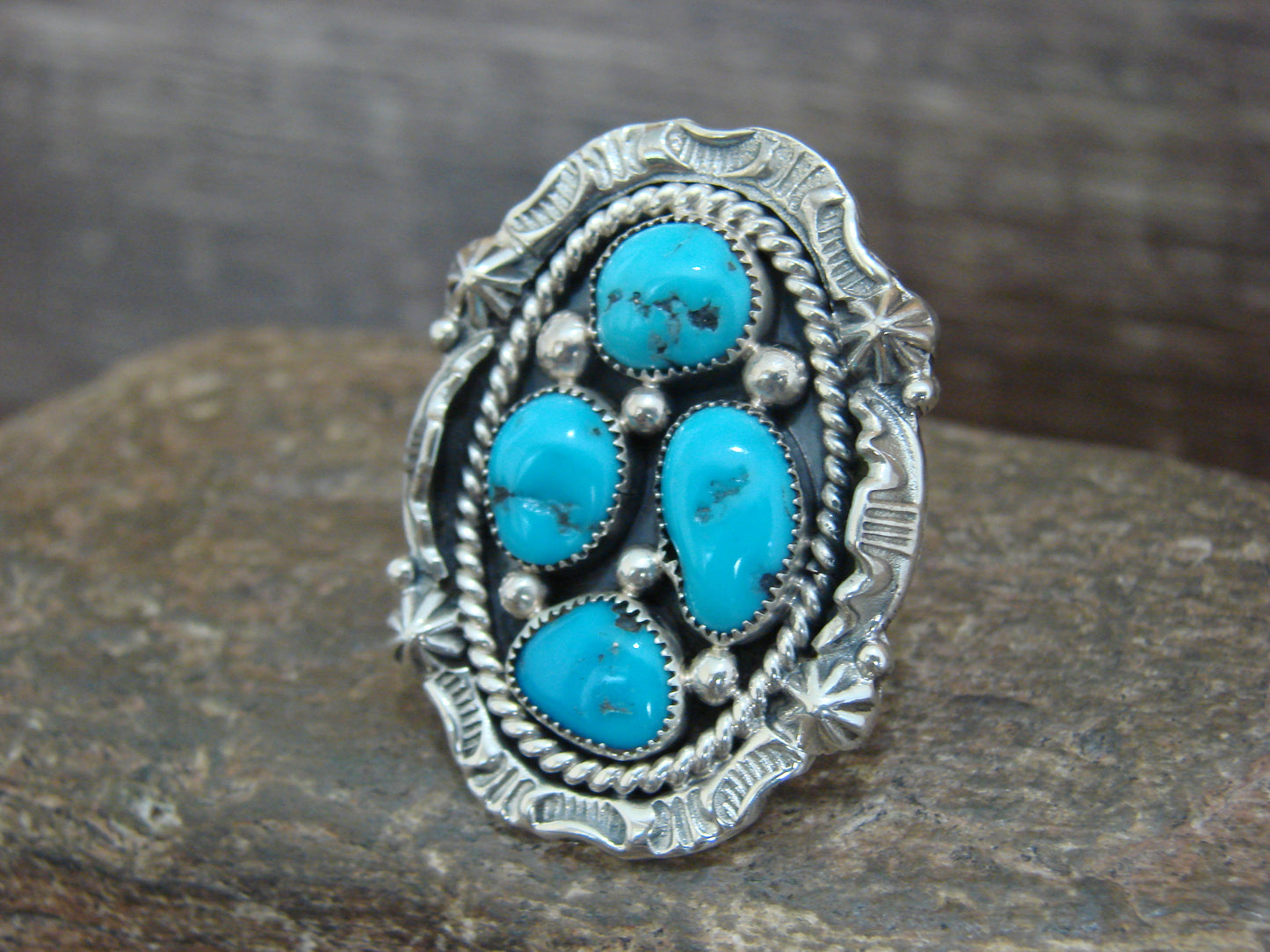 Native American Sterling Silver & Turquoise Cluster Ring by Becenti - Size 5.5