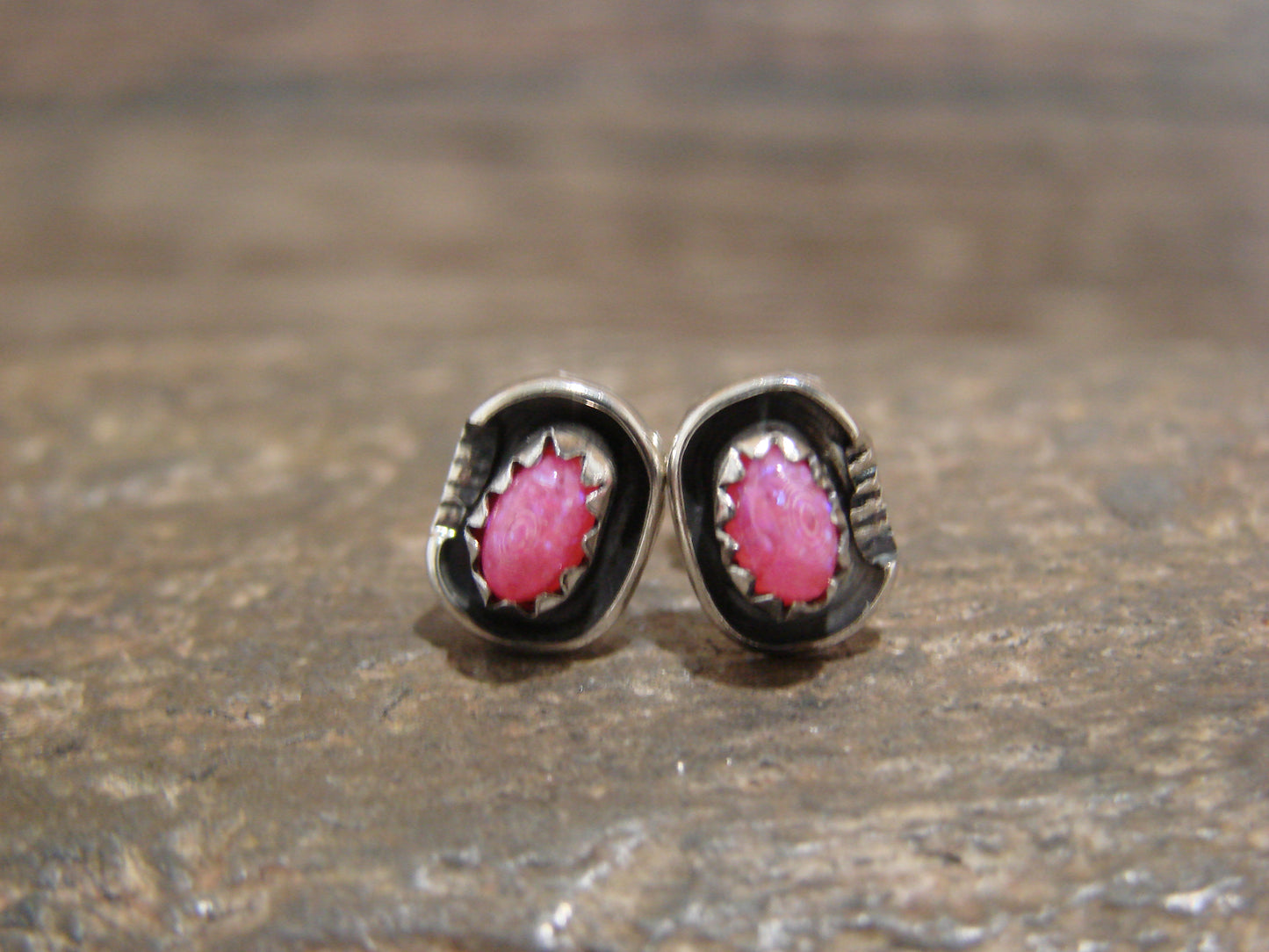 Native American Sterling Silver Pink Opal Stud Post Earrings - Spencer