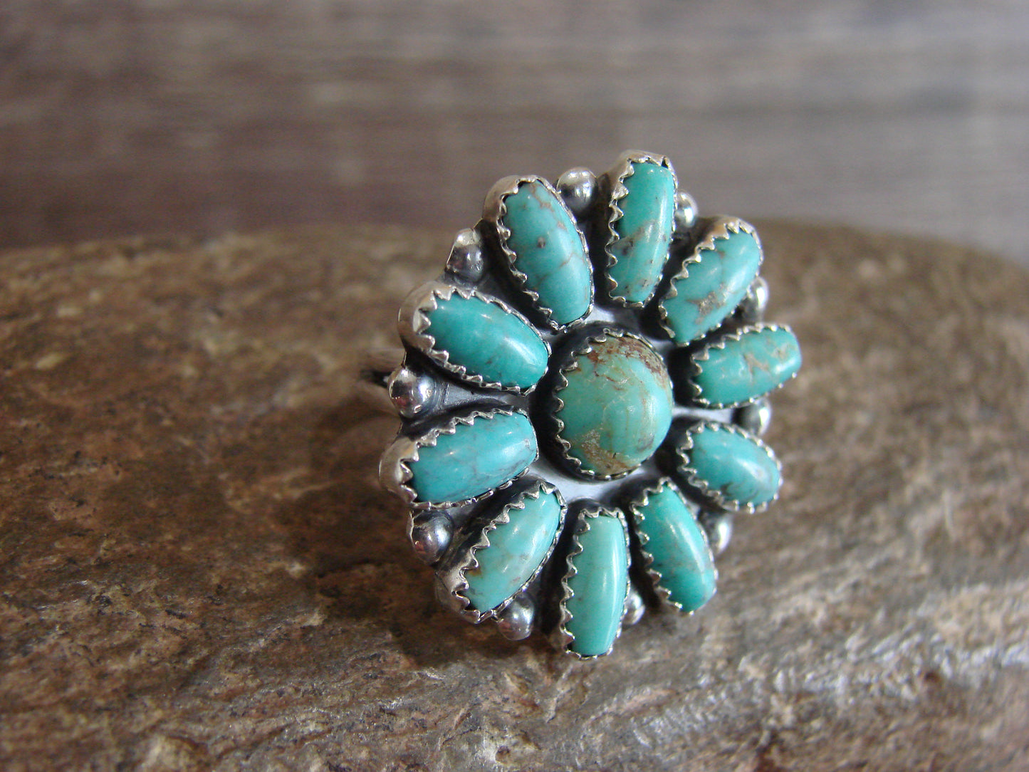 Native American Sterling Silver Turquoise Cluster Ring - Perry - Size 6