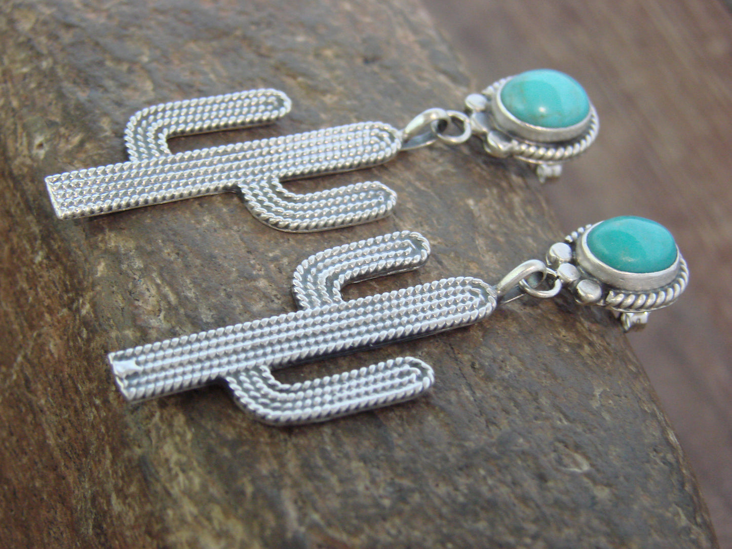 Native American Sterling Silver Turquoise Cactus Post Earrings - McCarthy