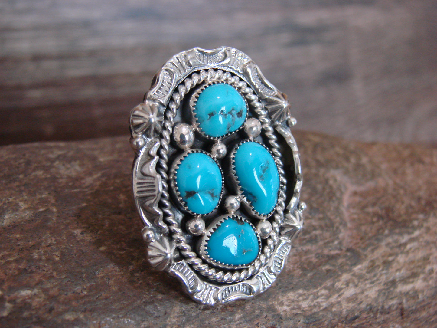 Native American Sterling Silver & Turquoise Cluster Ring by Becenti - Size 5.5