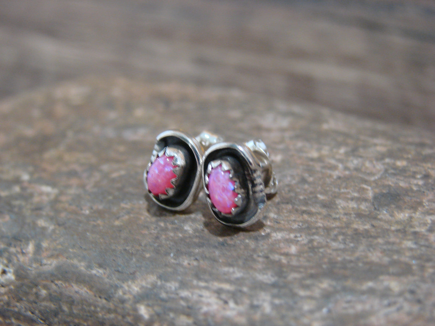 Native American Sterling Silver Pink Opal Stud Post Earrings - Spencer