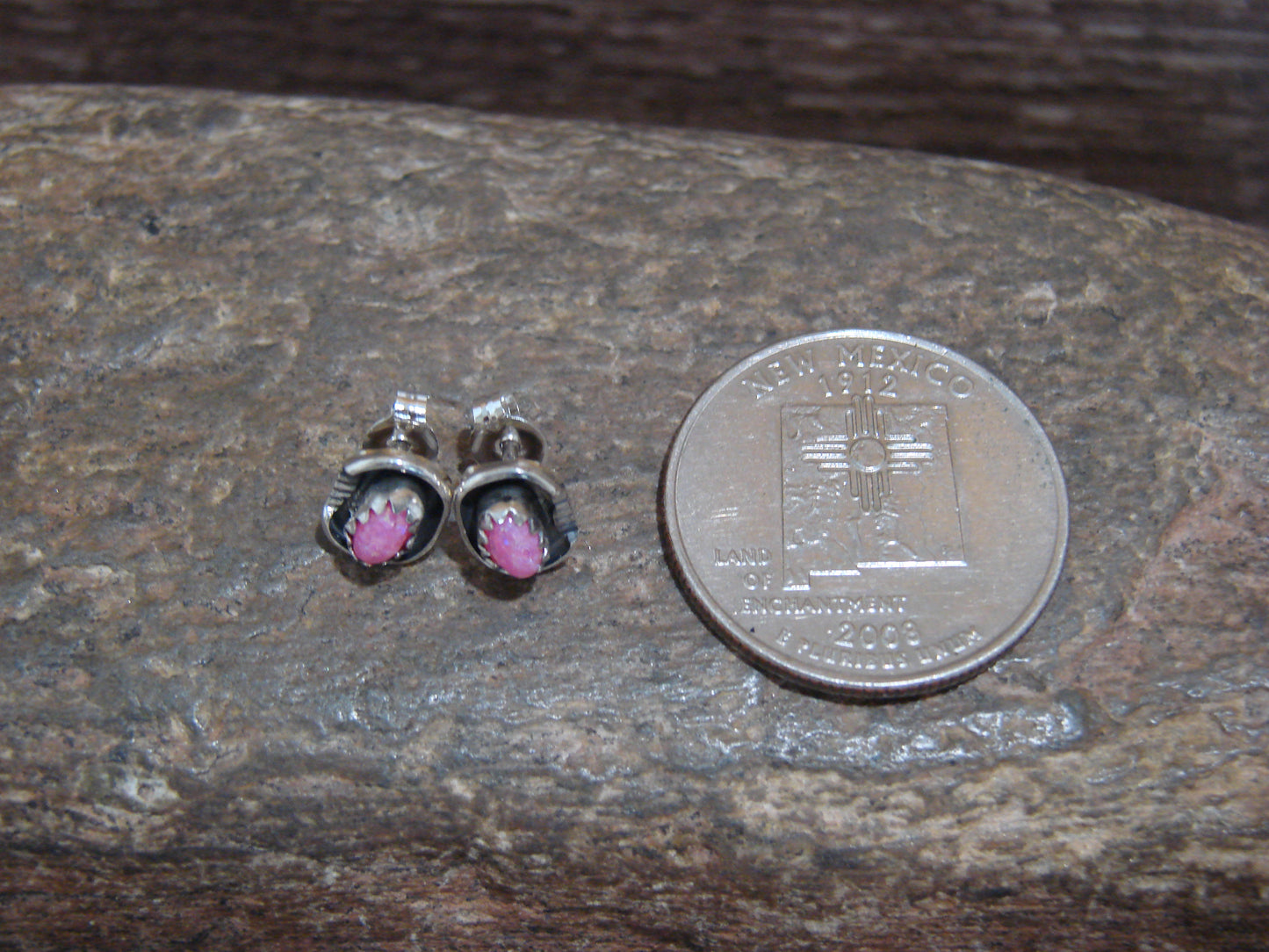Native American Sterling Silver Pink Opal Stud Post Earrings - Spencer