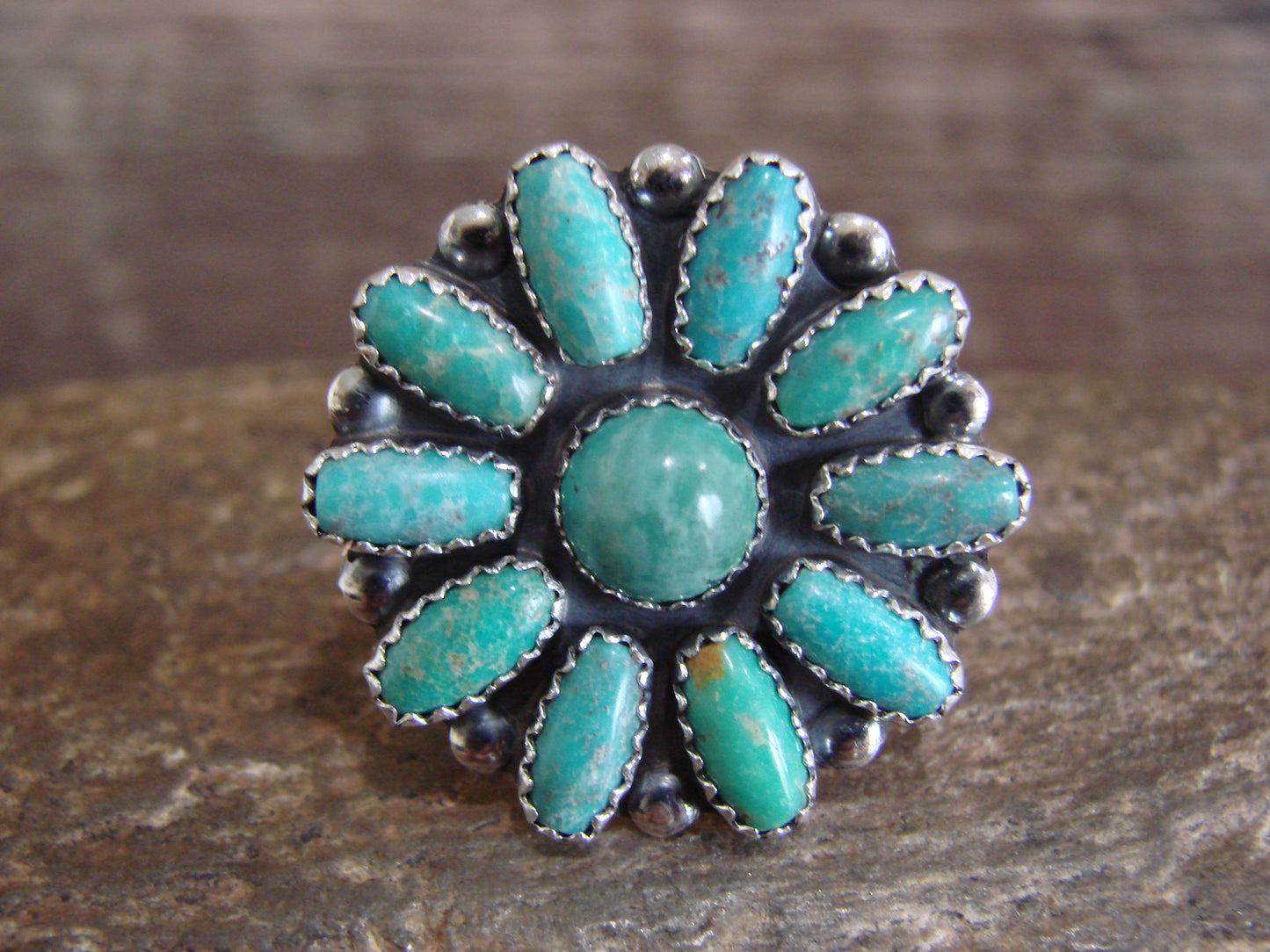 Native American Sterling Silver Turquoise Cluster Ring - Perry - Size 9.5