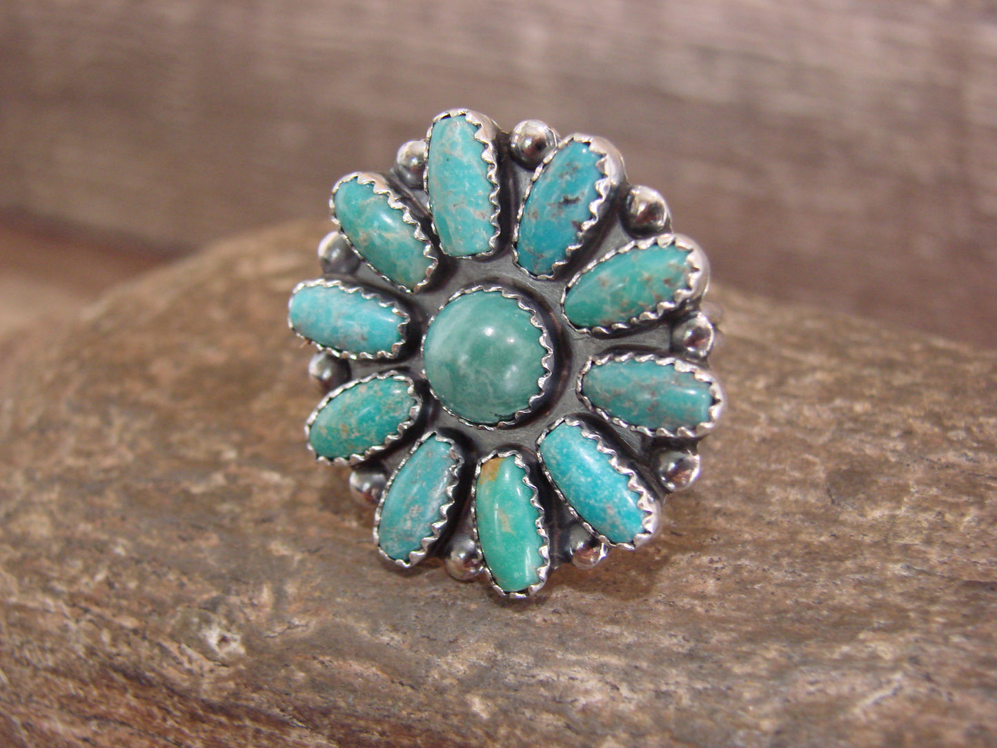 Native American Sterling Silver Turquoise Cluster Ring - Perry - Size 9.5