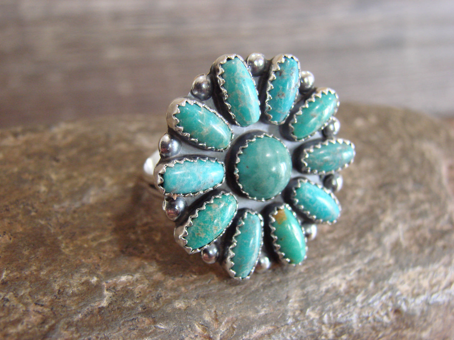 Native American Sterling Silver Turquoise Cluster Ring - Perry - Size 9.5