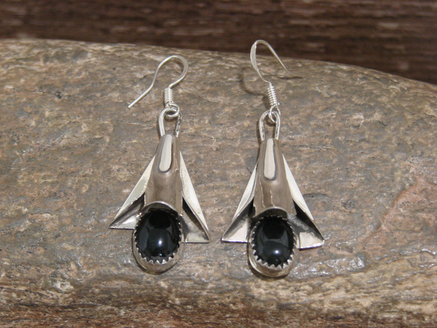 Native American Sterling Silver Onyx Squash Blossom Dangle Earrings - L. Yazzie