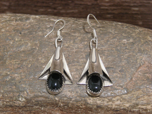 Native American Sterling Silver Onyx Squash Blossom Dangle Earrings - L. Yazzie