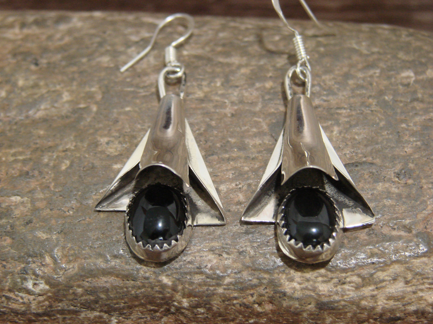 Native American Sterling Silver Onyx Squash Blossom Dangle Earrings - L. Yazzie