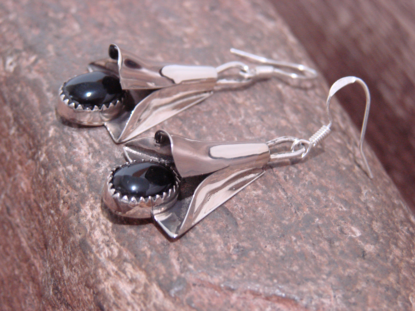 Native American Sterling Silver Onyx Squash Blossom Dangle Earrings - L. Yazzie