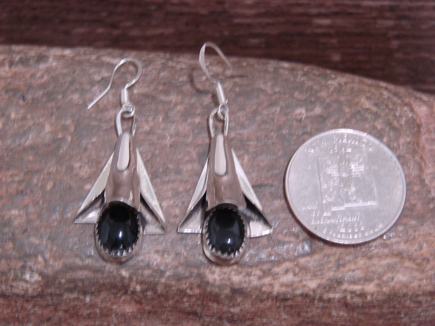 Native American Sterling Silver Onyx Squash Blossom Dangle Earrings - L. Yazzie