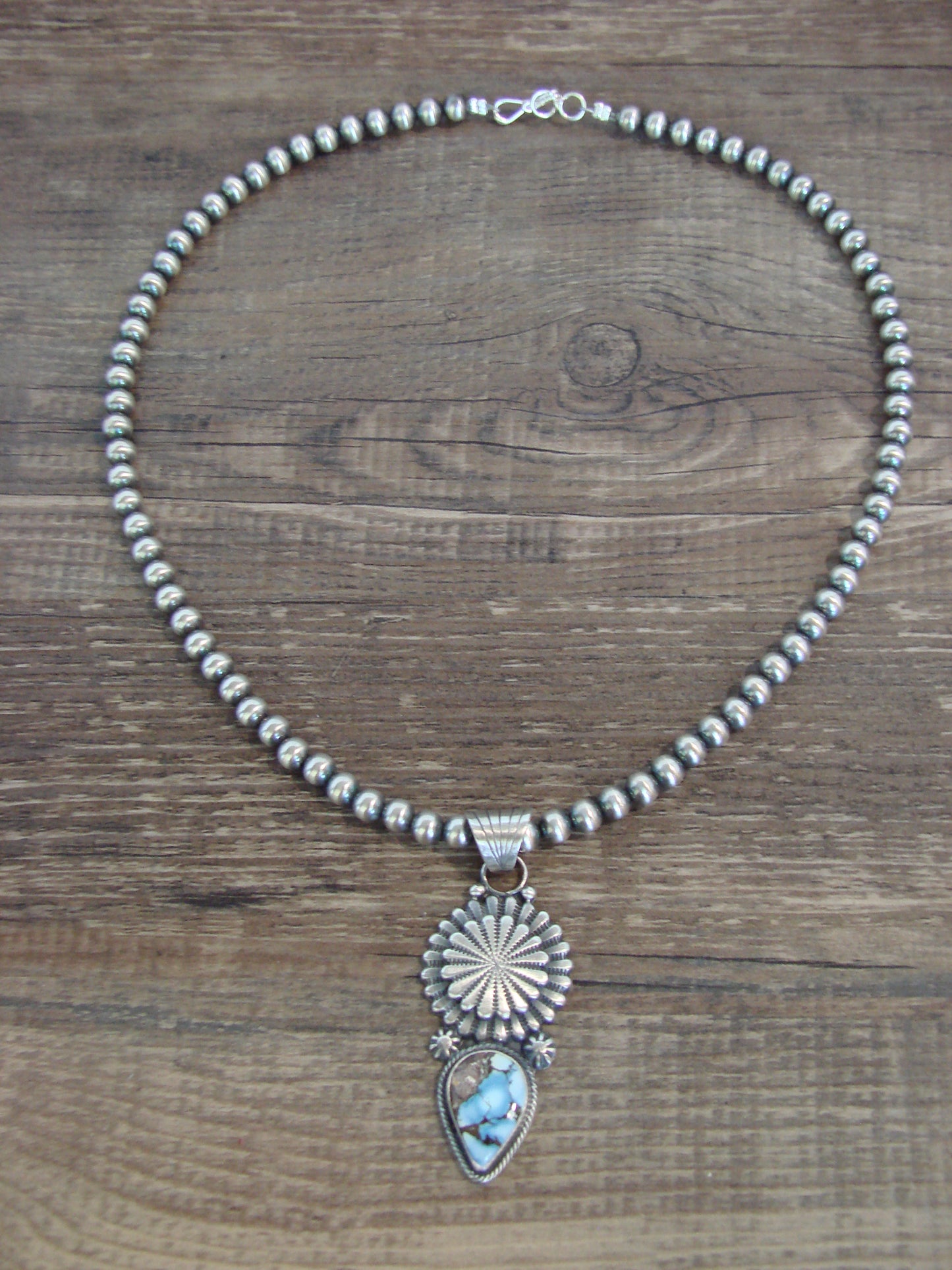 Native American 16" Sterling Silver & Turquoise Navajo Pearl Necklace by McCarthy