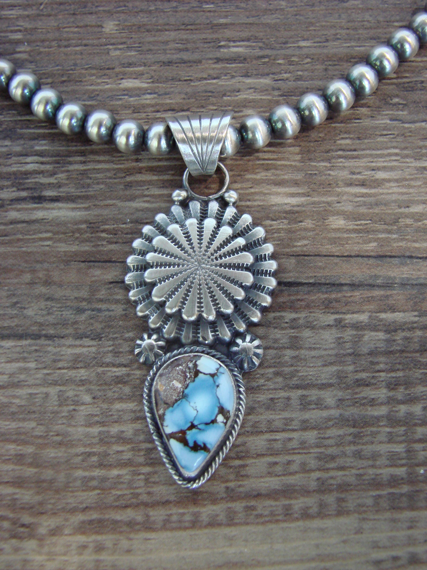 Native American 16" Sterling Silver & Turquoise Navajo Pearl Necklace by McCarthy
