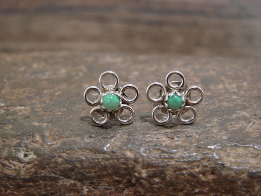 Native American Sterling Silver & Green Opal Floral Stud Post Earrings by Yatsattie