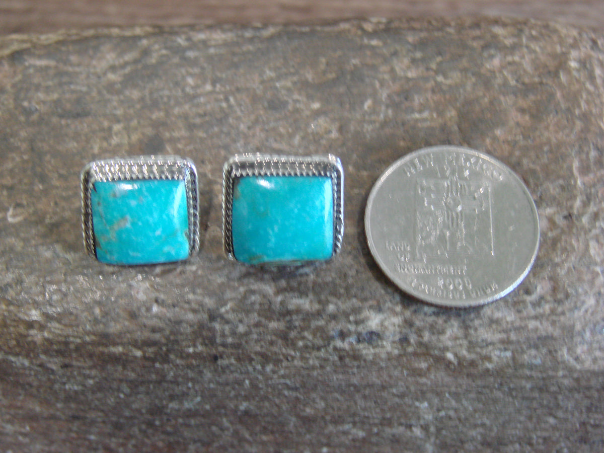 Native American Sterling Silver Square Turquoise Post Earrings by Lopez