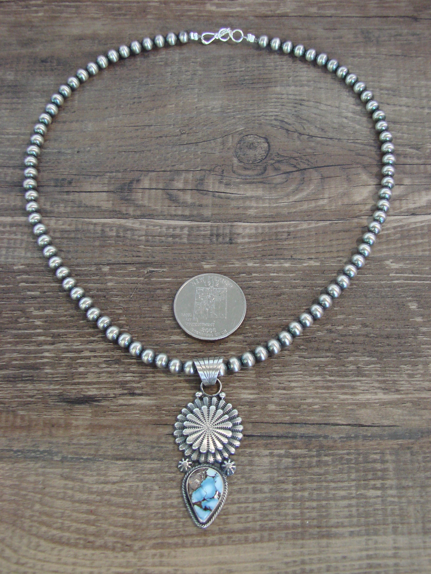 Native American 16" Sterling Silver & Turquoise Navajo Pearl Necklace by McCarthy