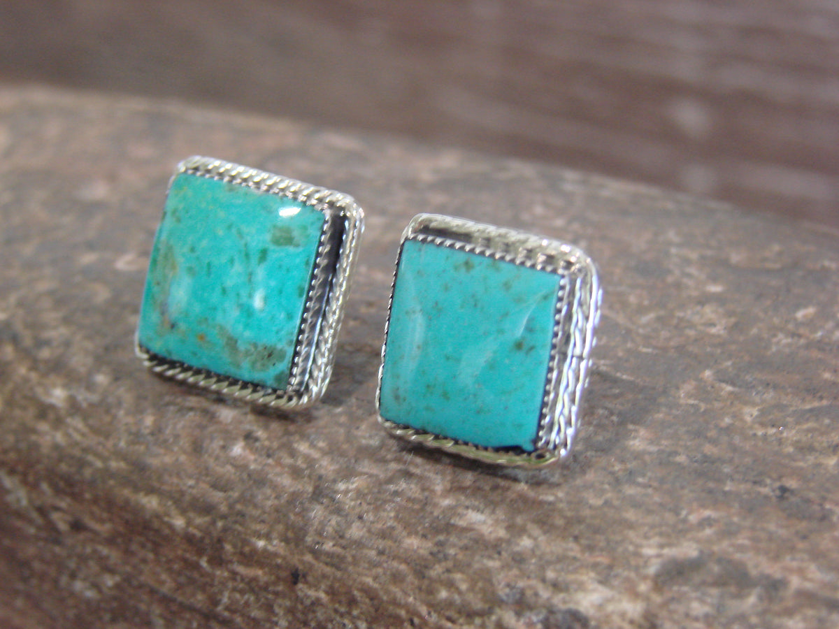 Native American Sterling Silver Square Turquoise Post Earrings by Lopez