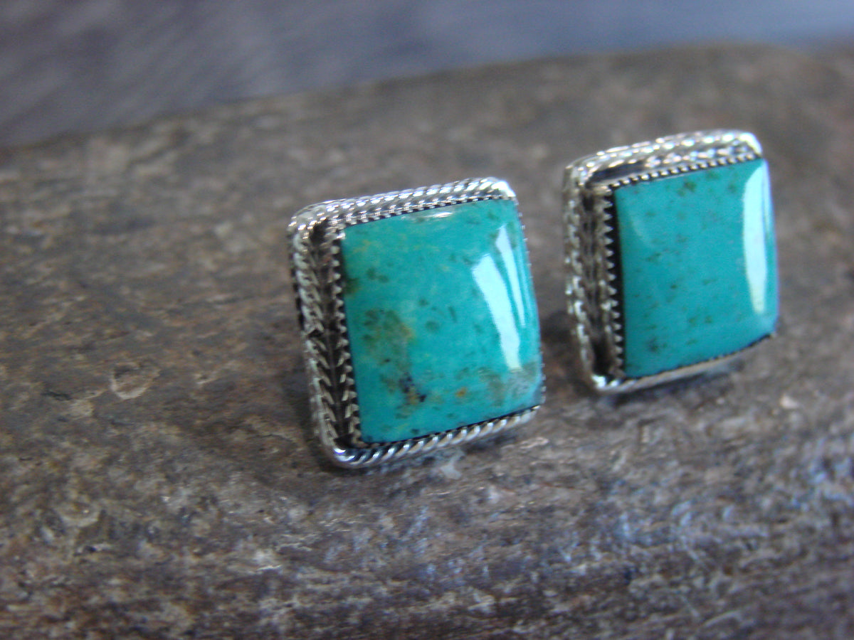 Native American Sterling Silver Square Turquoise Post Earrings by Lopez