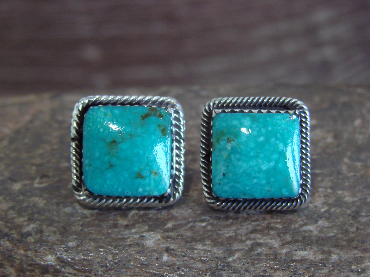 Native American Sterling Silver Square Turquoise Post Earrings by Lopez