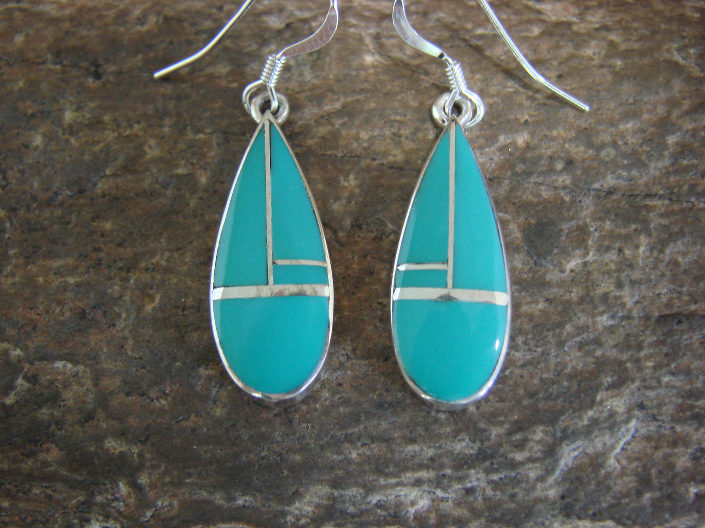 Native American Sterling Silver & Turquoise Inlay Dangle Earrings by Manygoats