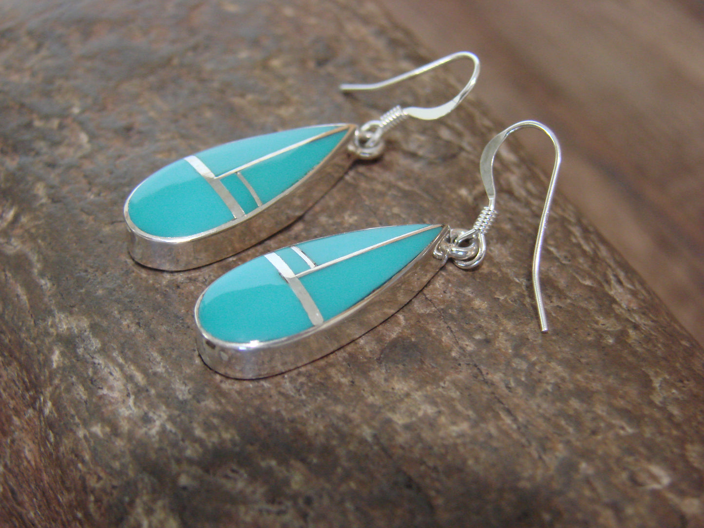 Native American Sterling Silver & Turquoise Inlay Dangle Earrings by Manygoats