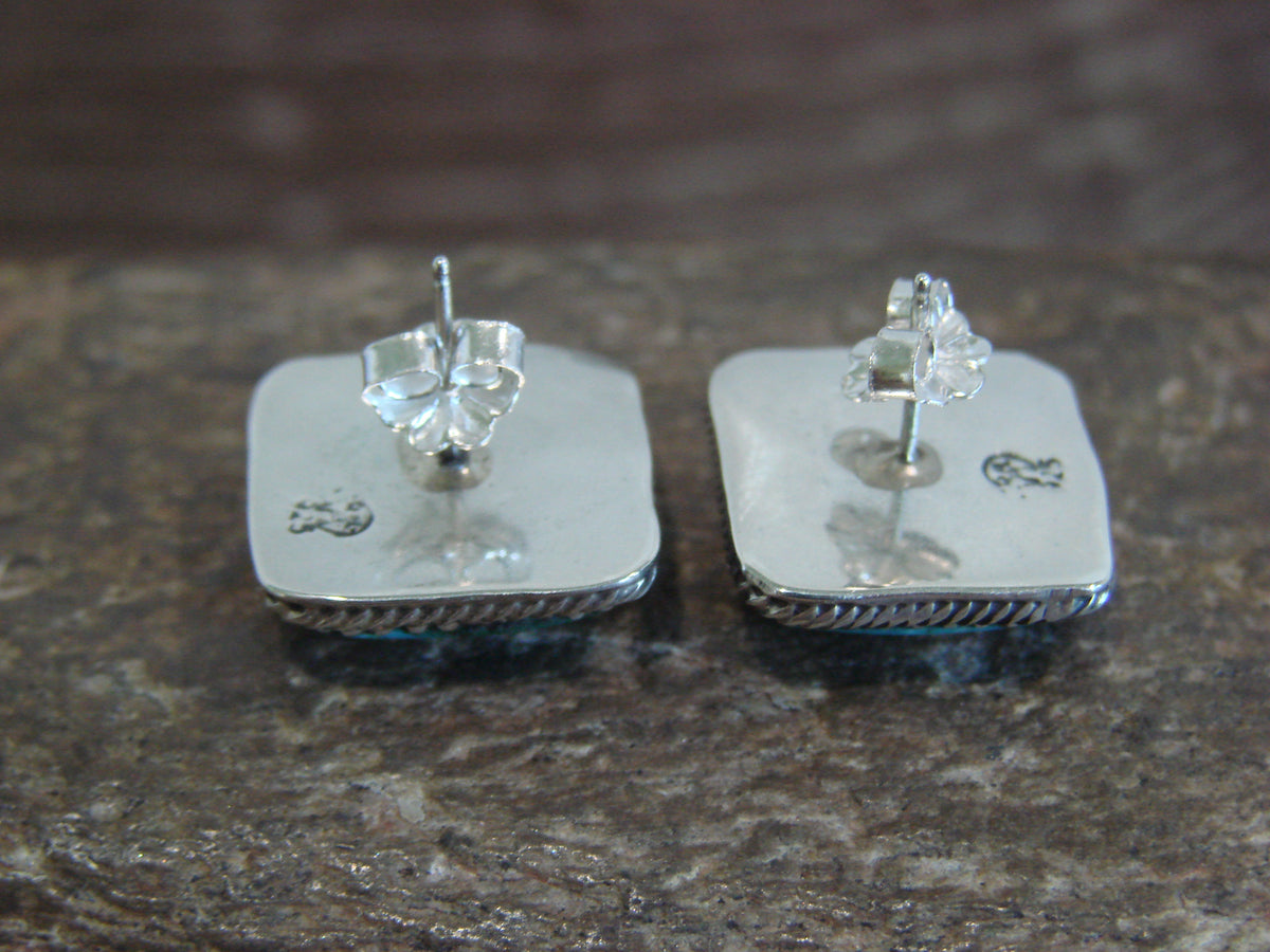 Native American Sterling Silver Square Turquoise Post Earrings by Lopez