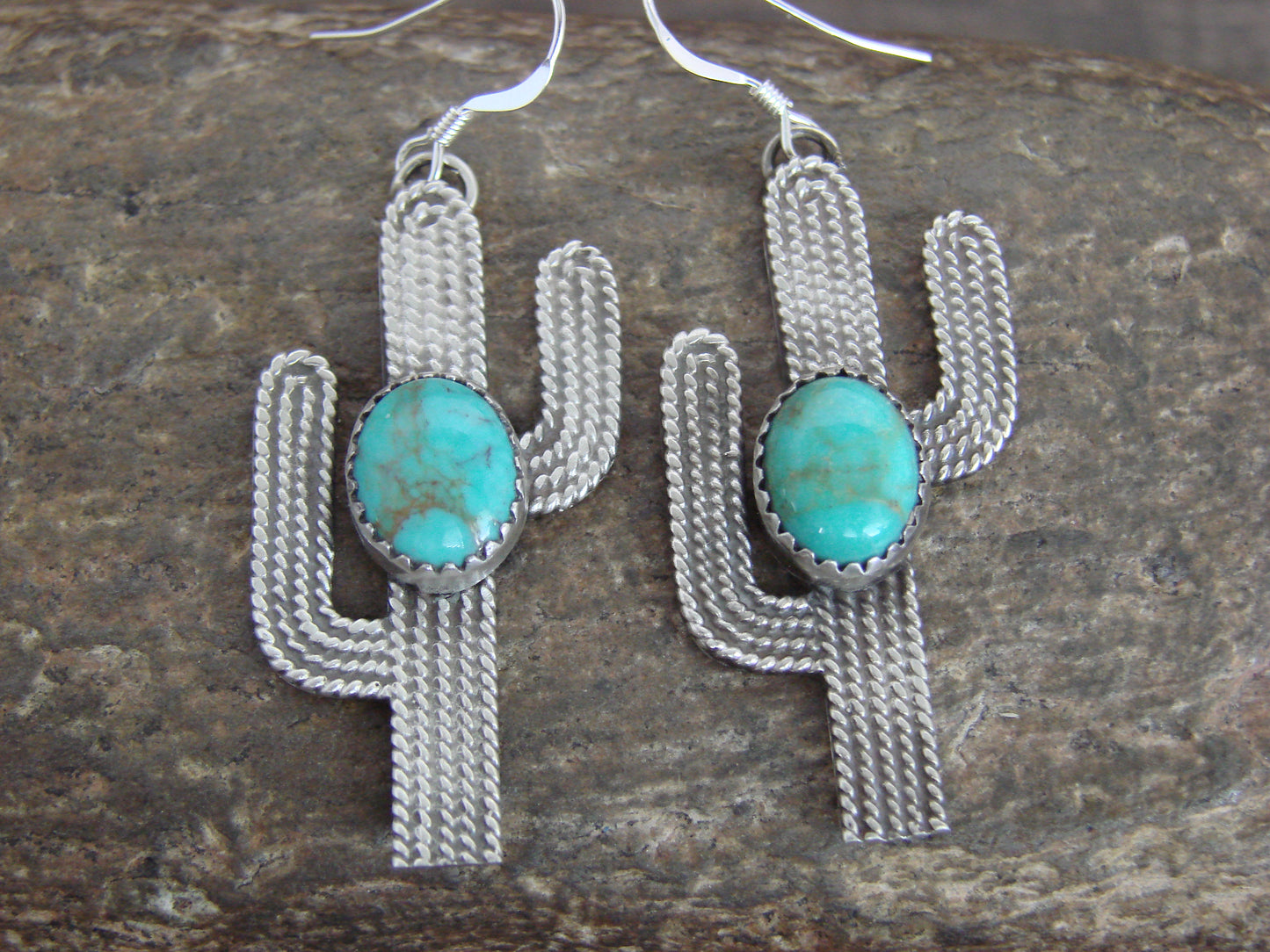 Native American Sterling Silver Turquoise Cactus Dangle Earrings - Chiquito
