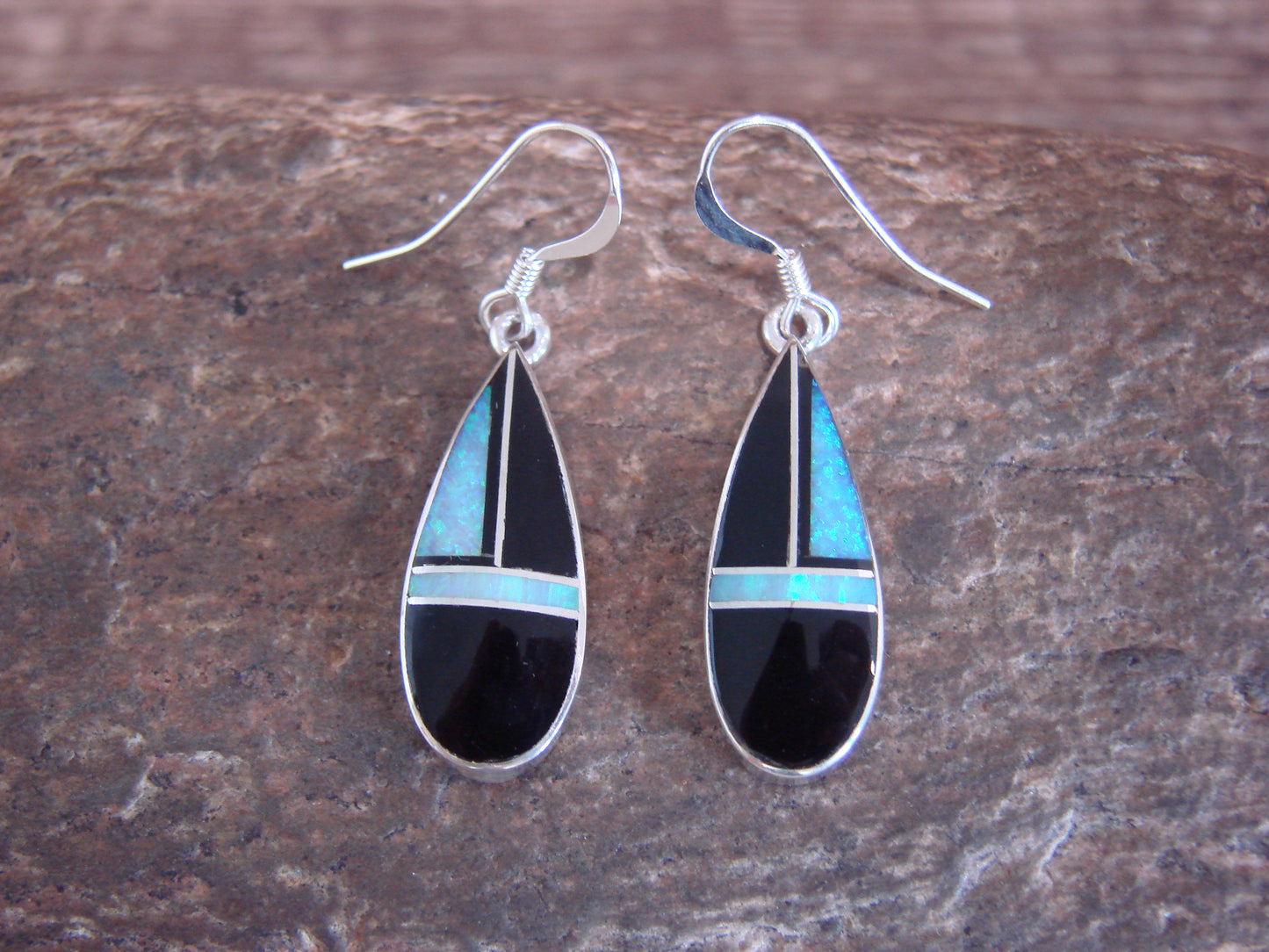 Native American Sterling Silver & Onyx Inlay Dangle Earrings by Manygoats